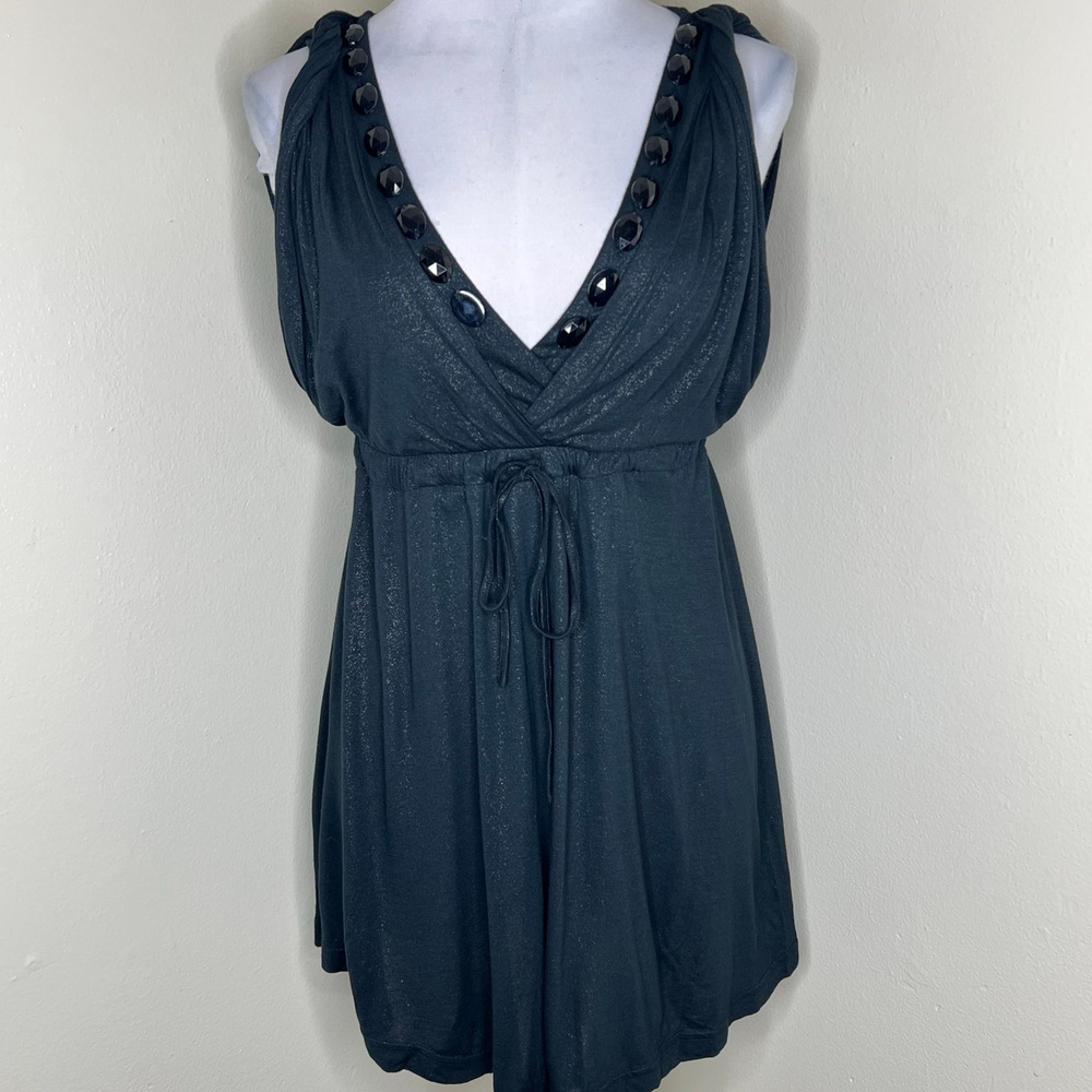 Vertigo Paris Mini Dress SM Jeweled Neck V-Neck Metallic Party Drawstring Black